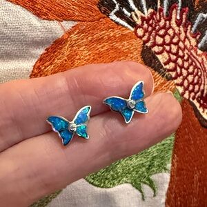BUTTERFLY EARRINGS BLUE GEMSTONE INLAY STERLING SILVER 925 BEZEL STUD POSTS
